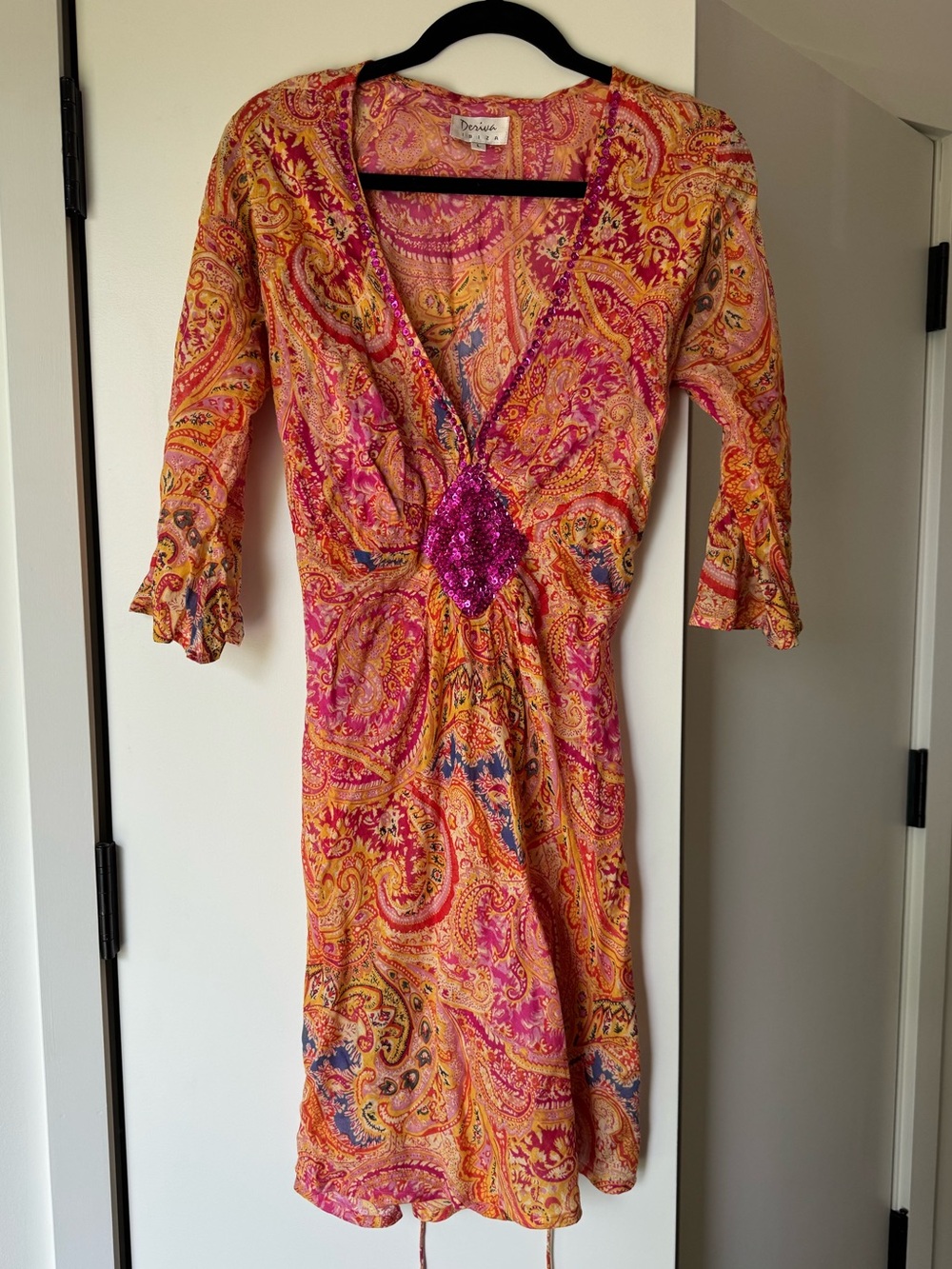 From Brazil - Pink & Orange Paisley Dress/Cover Up with Sequin Accent